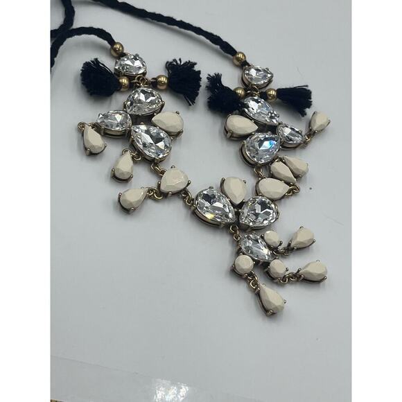 J. Crew Crystal Clear Milky White Gems Black Fringe Adjustable Tie Necklace - Picture 13 of 14